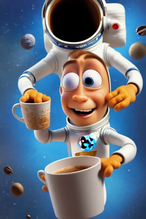 Image similar to portrait of a astronaut holding a cup of coffee with the space in background, full body. pixar disney 4 k 3 d render funny animation movie oscar winning trending on artstation and behance, ratatouille style