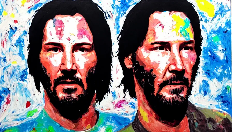 Image similar to portrait of Keanu reeves floating in space with a distressed look on his face, acrylic paint on canvas,