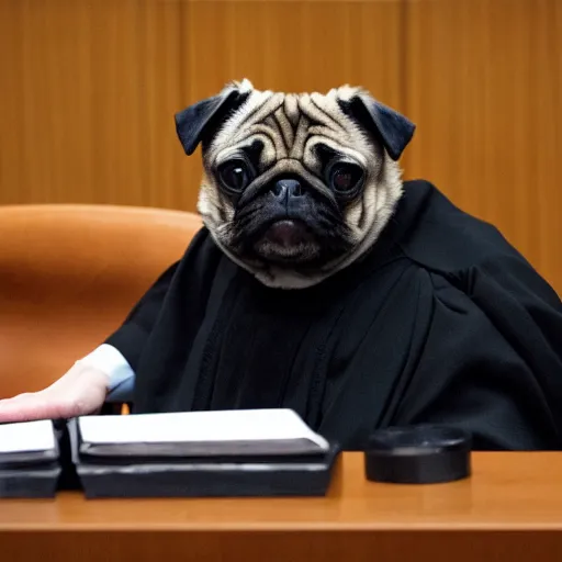 Image similar to a pug as a judge wearing a black robe, sitting behind the desk in court, slamming his gavel, angry looking