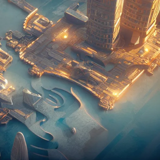 Image similar to a golden fantasy sci fi luxurious city with cerulean oceansides, scandinavian / norse influenced, cinematic, ray traced, octane render, cinematic lighting, ultrarealistic, featured on artstation, 8 k uhd artwork