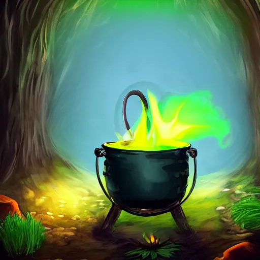 Prompt: a cauldron filled with a magical green glowing potion hanging above a campfire, night, fantasy, digital art, mysterious