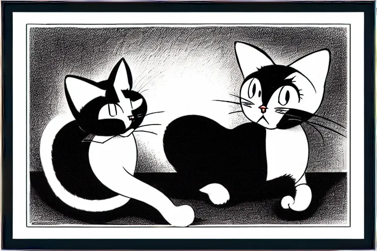 Prompt: side view of cats, framed photo hanging above couch, carl barks, cross hatching, red and black