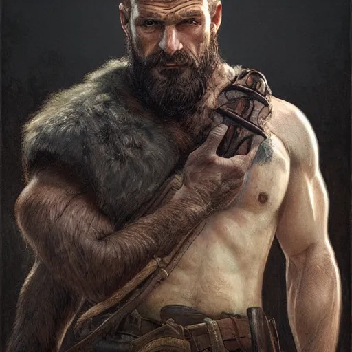 Prompt: portrait of a rugged ranger, muscular, upper body, hairy torso, D&D, fantasy, intricate, cinematic lighting, highly detailed, digital painting, artstation, concept art, smooth, sharp focus, illustration, art by Artgerm and Greg Rutkowski and Alphonse Mucha