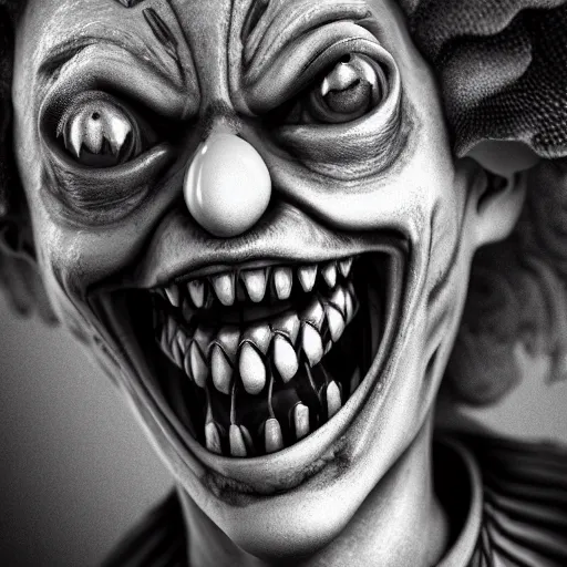 Prompt: black and white crying creepy clown smiling with sharp bloody teeth, highly detailed, sharp focus, octane render