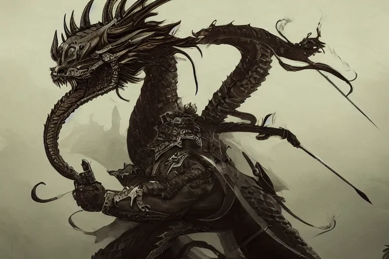 Prompt: a samurai dragon with a sword, digital art, fantasy artwork, extremely detailed, trending on artstation, award - winning, art from the greatest fantasy artists,