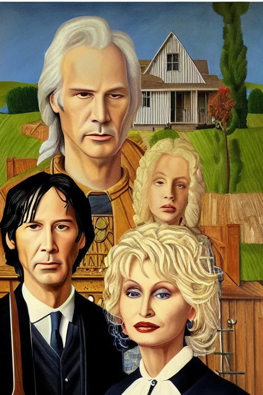 Prompt: painting of Keanu Reeves and Dolly Parton as the couple in American Gothic in the style of Grant Wood