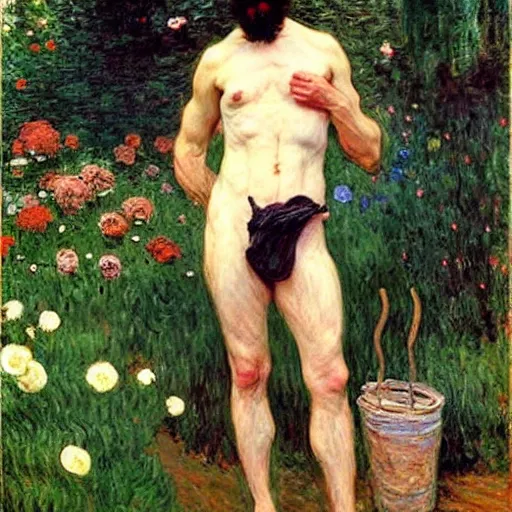 Image similar to attractive man gardening by his idyllic home, painting by tom of finland, john william waterhouse, claude monet