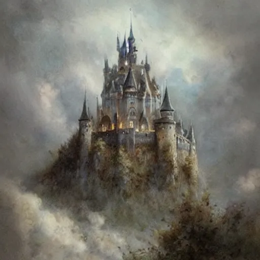 Image similar to ( ( ( ( ( fantasy castle in the clouds. muted colors. ) ) ) ) ) by jean - baptiste monge!!!!!!!!!!!!!!!!!!!!!!!!!!!