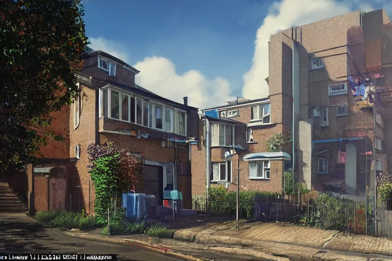 Image similar to cyberpunk, an estate agent listing photo, external view of a detached city house in the UK, London, sunny, by Paul Lehr, highly detailed, photorealistic, unreal engine, 8k, anamorphic, cinestill cinematrography