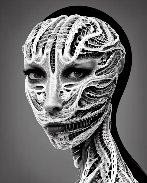 Prompt: a black and white high quality photo of a young beautiful female queen-dragon-cyborg bust with a very long neck and Mandelbrot fractal face, Mandelbrot fractal skin, flesh, anatomical, facial muscles, veins, arteries, elegant, highly detailed, flesh highly baroque ornate, hair are cable wires, elegant, high fashion, rim light, octane render, in the style of H.R. Giger and Man Ray, Realistic, Refined, Digital Art, Highly Detailed, Cinematic Lighting, rim light, black and white, photo-realistic, 8K