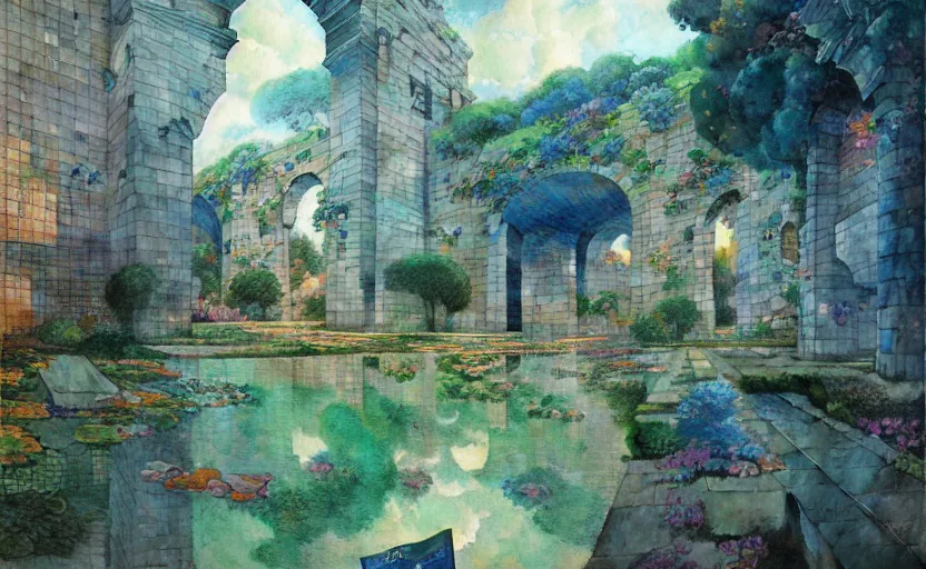 Image similar to tiled room squared waterway, aqueducts, fantasy. intricate, amazing composition, colorful watercolor, by ruan jia, by maxfield parrish, by marc simonetti, by hikari shimoda, by robert hubert, by zhang kechun, illustration, gloomy