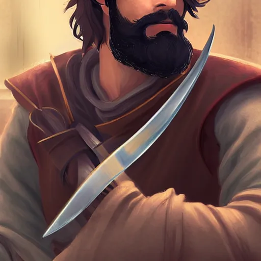 Prompt: portrait of a young medieval swordsman with a beard holding his sword highly detailed, digital painting, concept art, sharp focus, by makoto shinkai