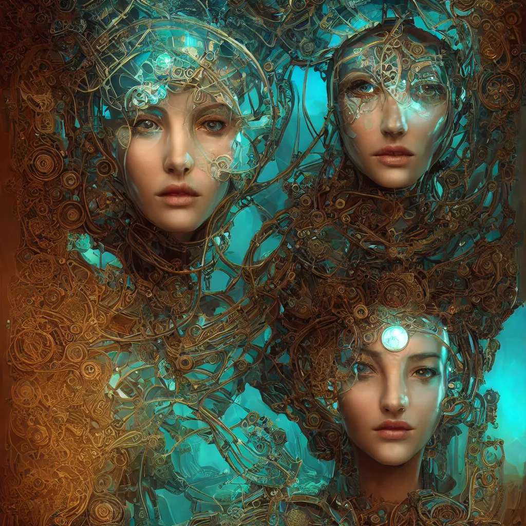 Image similar to beautiful symmetrical face portrait android woman time machine axonometric mechanical fantasy intricate elegant highly detailed in volumetric void of latent space lush flowers intricate jewellery, realm of the gods golden turquoise steampunk, axonometric high contrast cinematic light, mystical shadows, digital painting, sharp focus, octane render, photographic, concept art, artist leonardo davinci, unreal engine 8 k