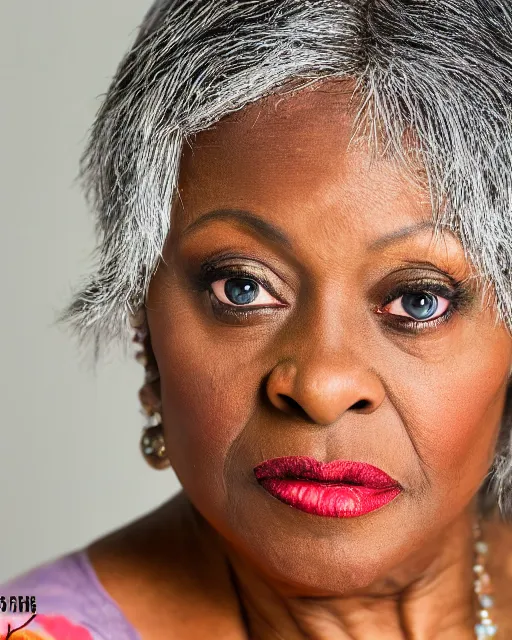Prompt: A studio photo of Jada Fire as an old woman, 70 years old, bokeh, 90mm, f/1.4