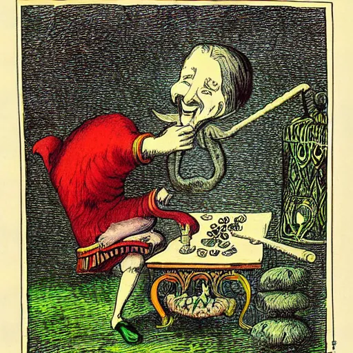 Image similar to A hookah smoking caterpillar + Alice In Wonderland + Absolem + Lewis Carol + by John Tenniel ::