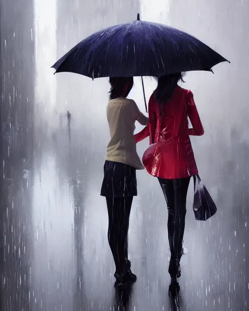 Image similar to A ultradetailed beautiful portrait panting of a stylish girl with an umbrella, rainy day, Oil painting, by Ilya Kuvshinov, Greg Rutkowski and Makoto Shinkai