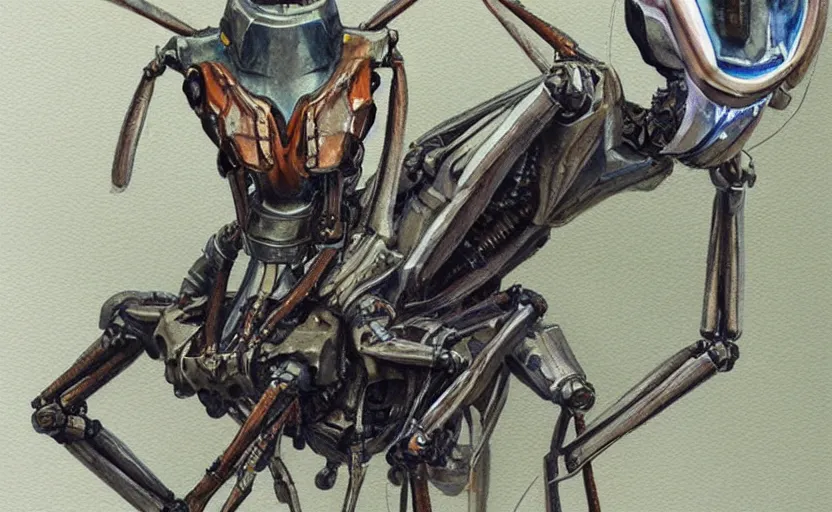 Image similar to concept art of a religious mantis in robot, pinterest, artstation trending, behance, watercolor, by coby whitmore, silver, laser light,