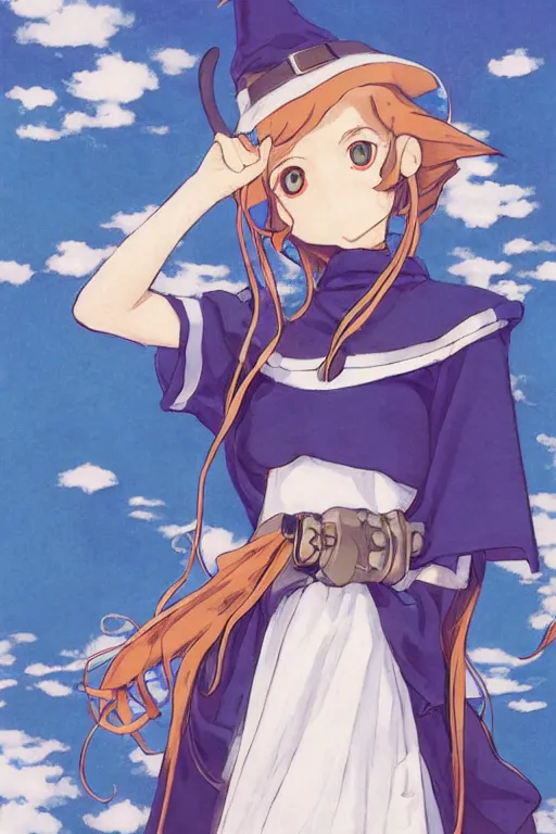 Prompt: portrait of a young witch girl, last exile, blue submarine no. 6, loish, murata range, kawaii, studio lighting, anime, manga, vibrant bright colors, japanese, beautiful,35mm lens, dreamy, mucha, gradation, jean giraud, fantasy