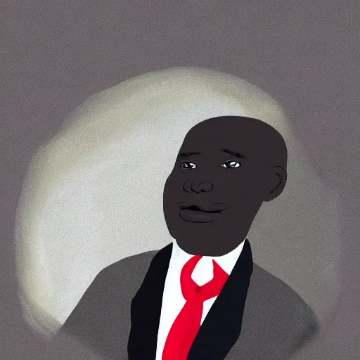 Image similar to a fatherly, aquiline nose, wide forehead, round face, XXL , loving, caring, generous, ever-present, humble, wise elder from Kenya with a friendly expression in a grey suit and red tie painted by Kara Walker . Fatherly/daddy, focused, loving, leader, relaxed,. ethereal lights, details, smooth, sharp focus, illustration, realistic, cinematic, artstation, award winning, rgb , unreal engine, octane render, cinematic light, macro, depth of field, blur, red light and clouds from the back, highly detailed epic cinematic concept art CG render made in Maya, Blender and Photoshop, octane render, excellent composition, dynamic dramatic cinematic lighting, aesthetic, very inspirational, arthouse.