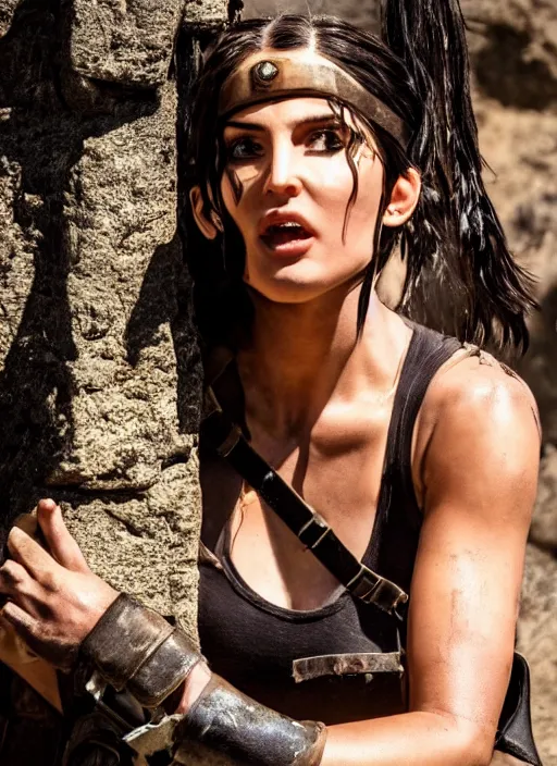 Image similar to a film still kyle jenner as lara croft as cowgirl, her face flushing and sweat, direct sun light, close up potrait, cinematic,