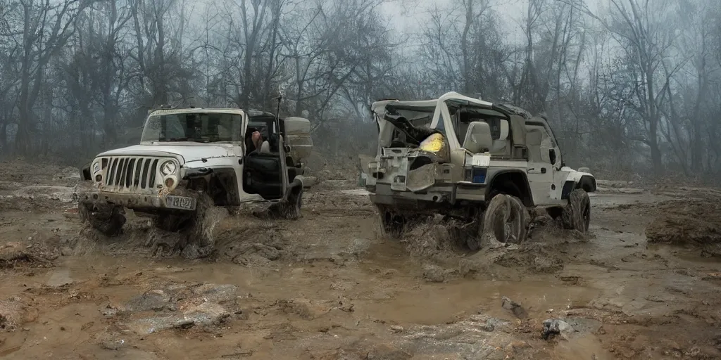 Image similar to a muddy 1997 hardtop white Jeep Wrangler drowning in quicksand, digital art, beautiful iridescent fog swallows the dirty swamp, gritty, cinematic, extraordinary colorful landscape, photorealistic, soft vintage glow