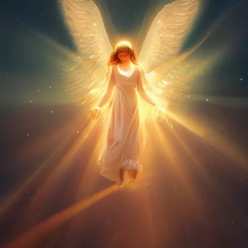 Prompt: Angel in the universe, surrounded by a light circle, glowing, high saturation, cinematic light effect, realistic, adding detail, by Wlop，rococo style, high definition