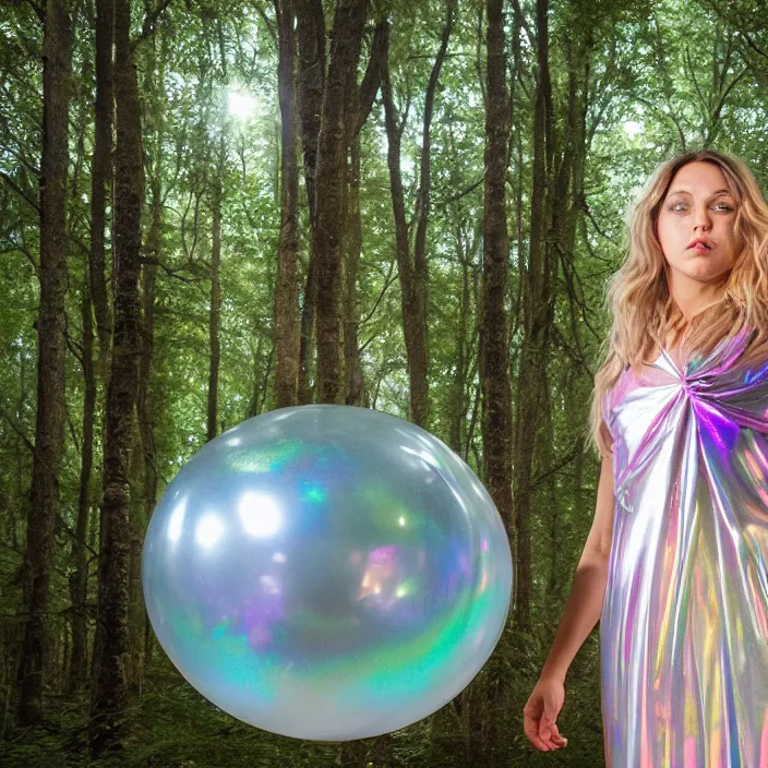 Image similar to a closeup portrait of a woman wrapped in plastic, standing next to a levitating iridescent orb, in a forest, color photograph, by vincent desiderio, canon eos c 3 0 0, ƒ 1. 8, 3 5 mm, 8 k, medium - format print