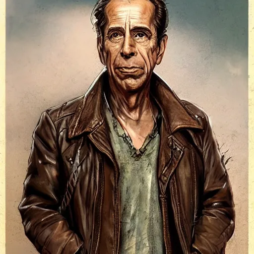 Prompt: a highly detailed epic cinematic concept art CG render digital painting artwork costume design: Humphrey Bogart, old scars, long hair, grizzled, tired, in an old 1950s leather jacket, with a bottle of whisky in hand. By Greg Rutkowski, Ilya Kuvshinov, WLOP, Stanley Artgerm Lau, Ruan Jia and Fenghua Zhong, trending on ArtStation, made in Maya, Blender and Photoshop, octane render, excellent composition, cinematic atmosphere, dynamic dramatic cinematic lighting, aesthetic, very inspirational, arthouse