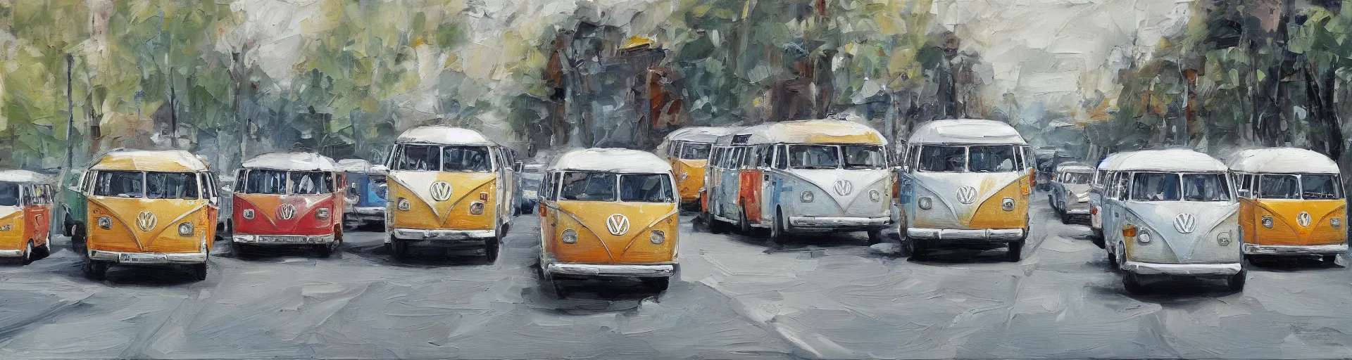 Image similar to a detailed oil painting of vw buses racing in the street