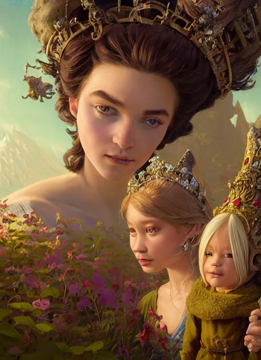 Image similar to highly detailed closeup portrait of a fairytale princess with a medieval goblin, stephen bliss, unreal engine, greg rutkowski, ilya kuvshinov, ross draws, hyung tae and frank frazetta, tom bagshaw, tom whalen, nicoletta ceccoli, mark ryden, earl norem, global illumination, god rays, detailed and intricate environment