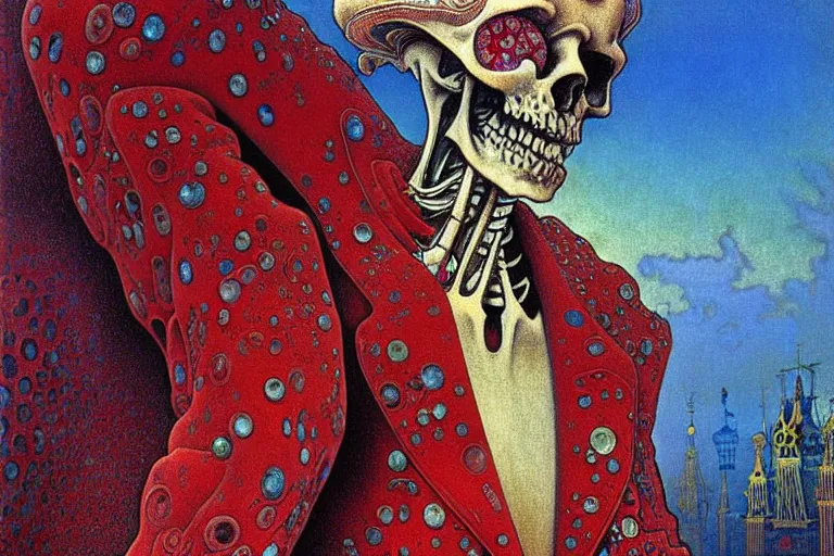 Image similar to realistic detailed closeup portrait painting of a single skeleton wearing red velvet blazer in a crowded futuristic moscow street by Jean Delville, Amano, Yves Tanguy, Alphonse Mucha, Ernst Haeckel, Edward Robert Hughes, Roger Dean, rich moody colours, blue eyes