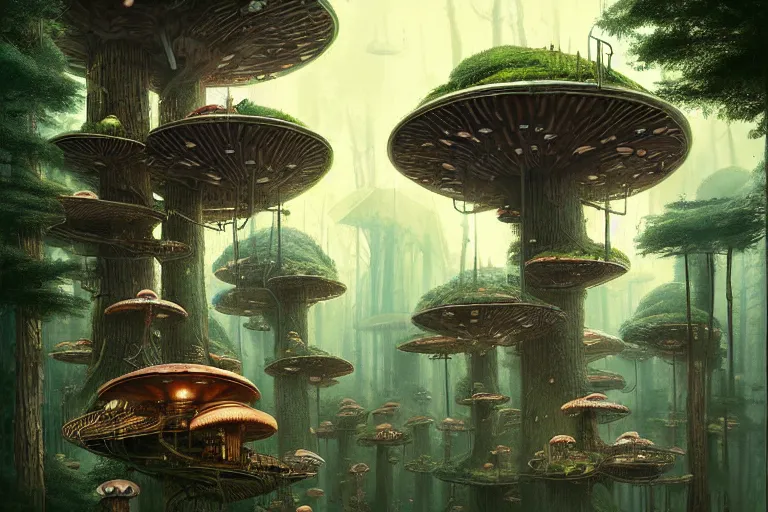 Image similar to mushroompunk treehouse city on endor, hyper detailed, by alejandro burdisio,