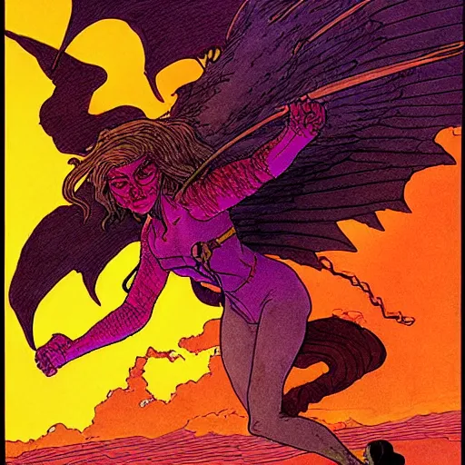 Image similar to a girl riding a winged demon flies over hell art by moebius