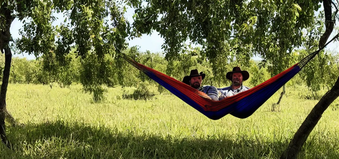 Prompt: Dutch Van Der Linde from Red Dead Redemption 2 sleeping in a hammock, a field of mango trees in the background