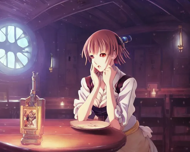 Image similar to anime visual, portrait of a young female in a busy fantasy medieval tavern interior at night, face by yoh yoshinari, murata range, last exile, blue submarine no 6, dynamic pose, dynamic perspective, detailed silhouette, rich texture, seven deadly sins anime, flat, anime cels, matte color, flat lighting on face, rounded eyes