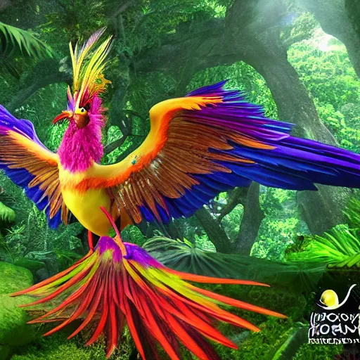 Image similar to fantasy forest, most colourful bird in philippine folklore, the magnificent, extremely beautiful ibong adarna with wings spread flying, long grand feathers, ultra - realistic, intricate details, 8 k, ultra - detailed, unreal engine five render