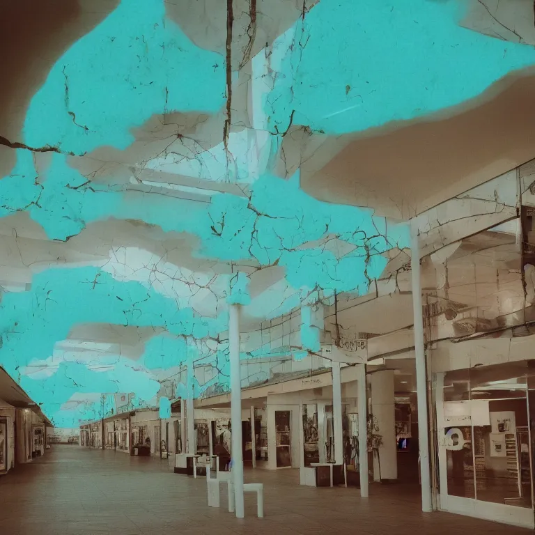 Image similar to shopping mall for dead people, film photo, soft lighting album cover, nostalgia, turquoise gradient