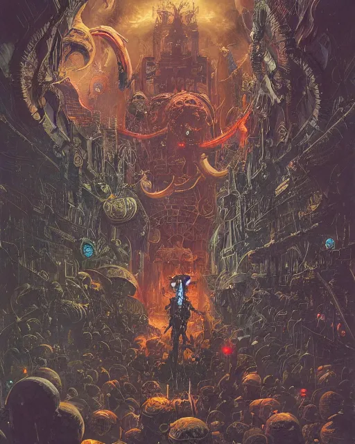 Prompt: Joe Biden with a wide grin shooting laser beams out of his eyes into a crowd, Evil, chaos, hypermaximalist, ornate, horror, Peter Mohrbacher, Marc Simonetti, Mike Mignola, detailed, intricate ink illustration, symmetry, bloodborne, colorful