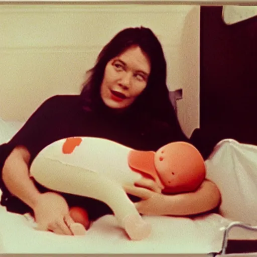 Image similar to woman who has given birth to a squishy inflatable baby, in hospital bed, French film, archival footage, technicolor film expired film, 16mm