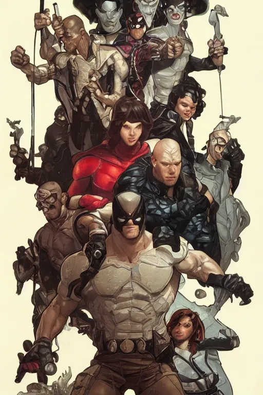 Prompt: group portrait of the Umbrella Academy, superheroes, fantasy, intricate, elegant, realistic, highly detailed, digital painting, artstation, concept art, smooth, sharp focus, cel-shaded, illustration, art by artgerm and greg rutkowski and alphonse mucha