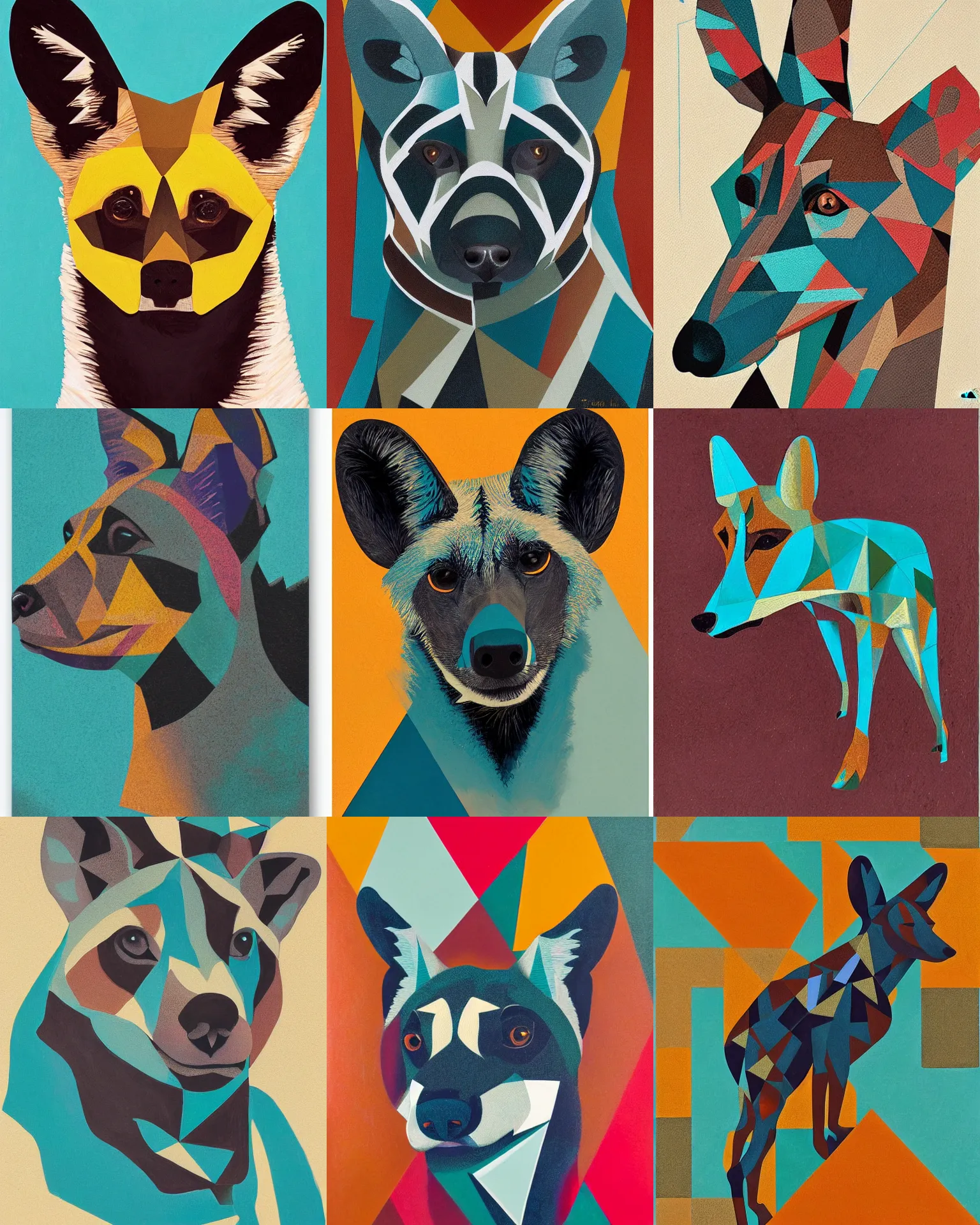 Prompt: a geometric portrait of an african wild dog in teal, white and brown, triangles, angular, abstract by paul lehr