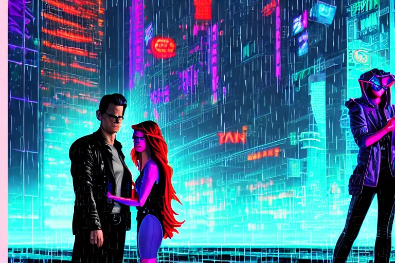 Prompt: An epic fantasy comic book style full body portrait painting of very beautiful cyberpunk hackers Matt Bomer and Emma Stone in the rain, neon reflections in the rain puddles, stunning 3d render inspired art by Tom Whalen and Noah Bradley and Alena Aenami and Jeremiah Ketner and Dan Mumford + perfect facial symmetry + dim volumetric lighting, 8k octane beautifully detailed render, post-processing, extremely hyperdetailed, intricate, epic composition, grim yet sparkling atmosphere, cinematic lighting + masterpiece, trending on artstation, very very detailed, masterpiece, stunning