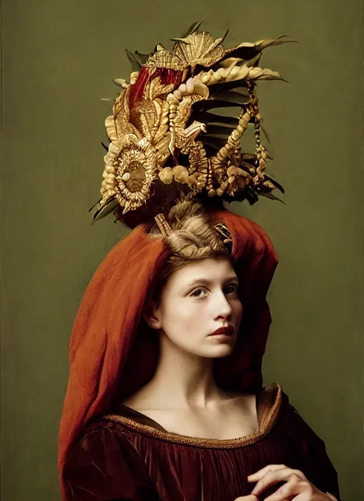 Image similar to portrait of young woman in renaissance dress and renaissance headdress, art by annie leibovitz