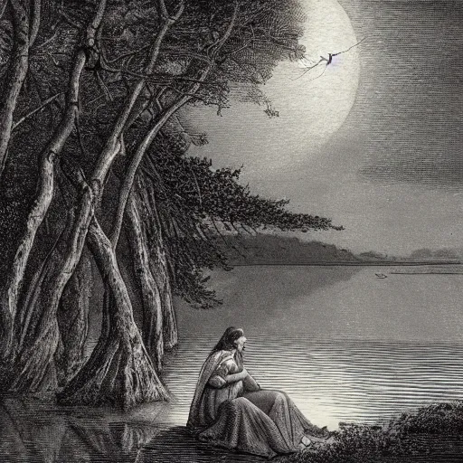 Prompt: a beautiful woman at a lake, forest, dark clouds, moon, nightsky, moonrays, shadows, high detail, illustration by Gustav Doré