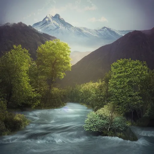 Image similar to rendered in rtx, enso by bojan jevtic. performance art. a landscape of a mountainous area with a river running through it. there are trees & plants in the foreground, & the mountains are in the background.