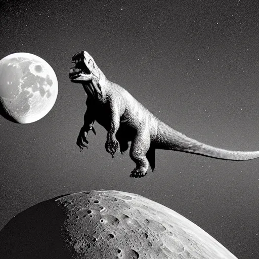 Prompt: Tyrannosaurus rex jumping on the moon, outer space, photograph, realistic, HD, science fiction