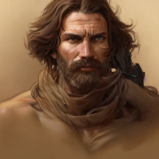 Image similar to portrait of a rugged ranger, muscular, upper body, hairy torso, d & d, fantasy, intricate, elegant, highly detailed, digital painting, artstation, concept art, smooth, sharp focus, illustration, art by artgerm and greg rutkowski and alphonse mucha