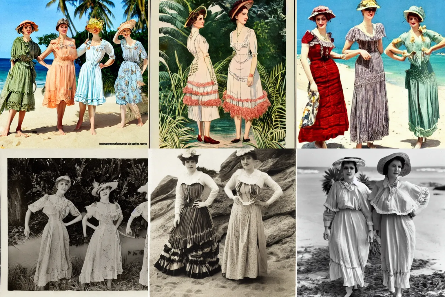 Prompt: rats at a tropical beach wearing edwardian style dresses