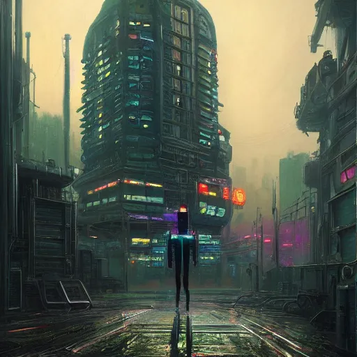 Image similar to A beautiful painting of cyberpunk beholder by Paul Gustav Fischer and Simon Stålenhag and John Atkinson Grimshaw, character concept art, matte painting, heavy metal magazine, trending on artstation. dynamic lighting, raytracing, unreal engine