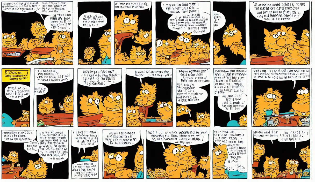 Image similar to garfield comic strip, 3 panels, illustrated by Jim Davis